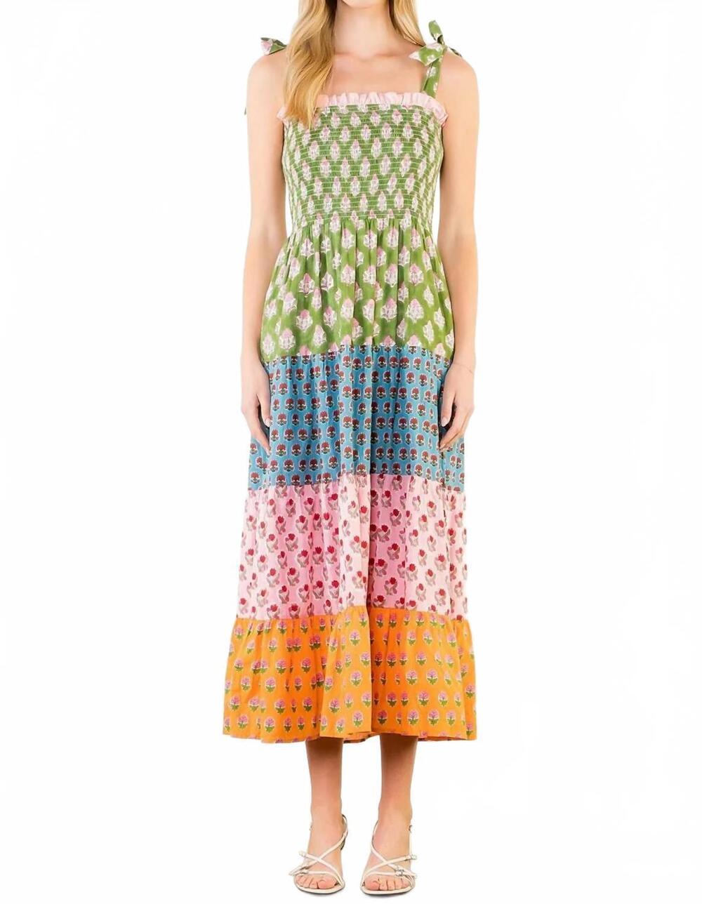 NEW THML tie strap tiered maxi dress in green multi